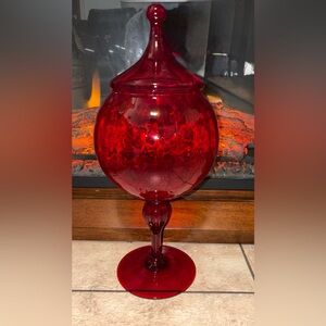 Italian Empoli Deep Red Ribbed Glass Lidded Apothecary Jar Candy Dish 17"